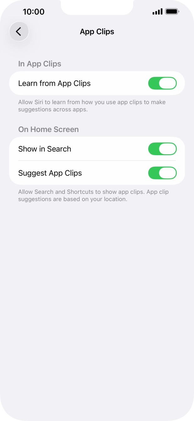 Press the indicators next to the required settings to turn them on or off.