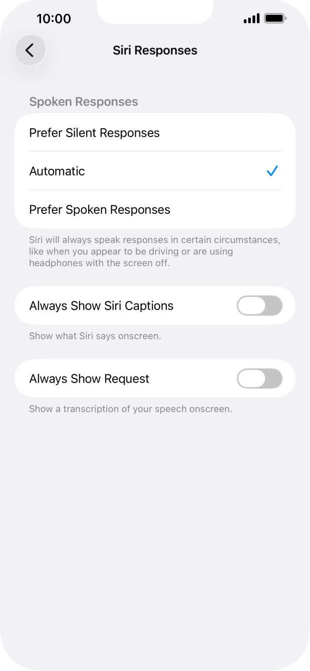 Press the required setting.