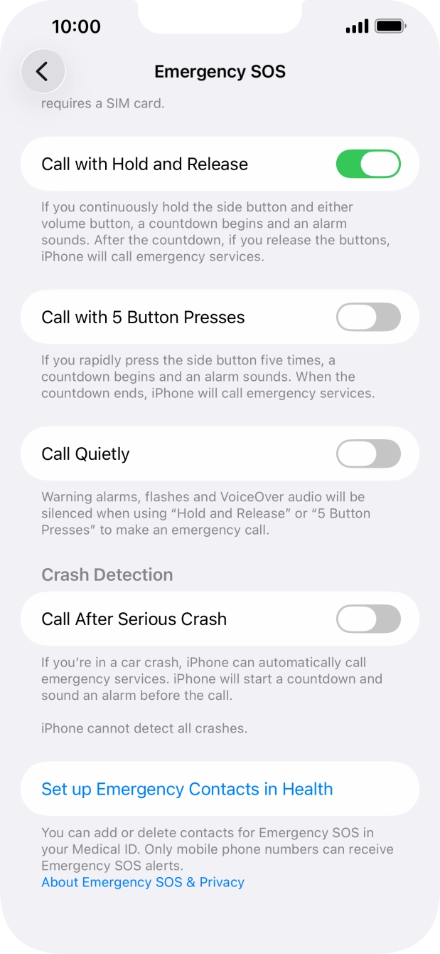 Press the indicator next to 'Call After Serious Crash' to turn on the function.