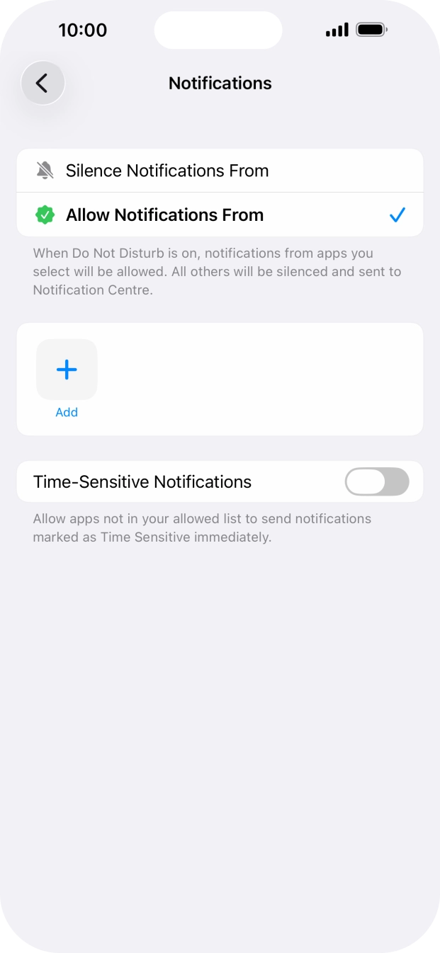 Press the indicator next to 'Time-Sensitive Notifications' to turn display of timed notifications on or off when Do Not Disturb is turned on. Press the indicator next to 'Time-Sensitive Notifications' to turn display of timed notifications on or off when Do Not Disturb is turned on.