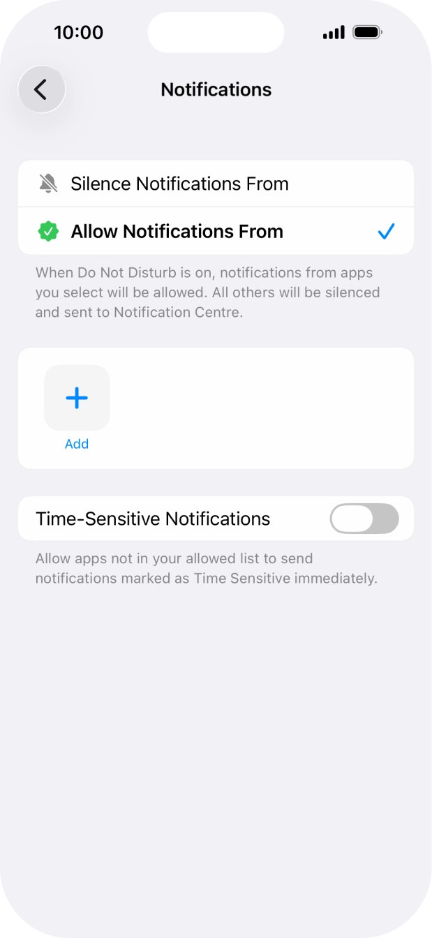 Press the indicator next to 'Time-Sensitive Notifications' to turn display of timed notifications on or off when Do Not Disturb is turned on. Press the indicator next to 'Time-Sensitive Notifications' to turn display of timed notifications on or off when Do Not Disturb is turned on.