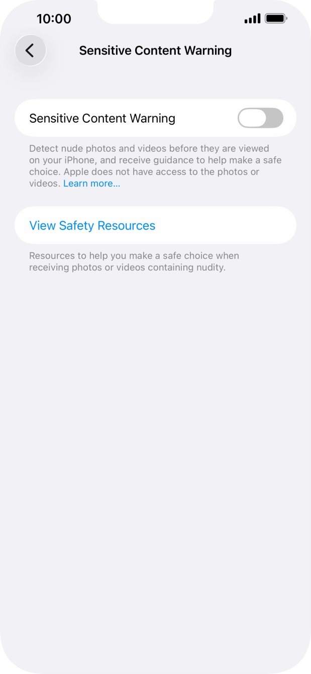 Press the indicator next to 'Sensitive Content Warning' to turn the function on or off. Press the indicator next to 'Sensitive Content Warning' to turn the function on or off.