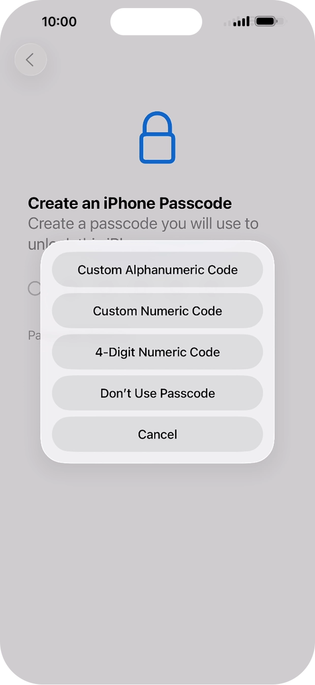 Follow the instructions on the screen to turn on the lock code or press Don't Use Passcode.