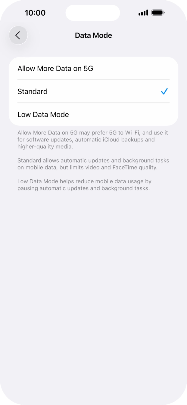 Press the required setting.