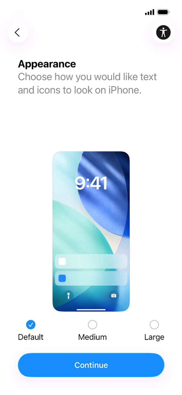 Select the required text and icon size on your phone and press Continue.