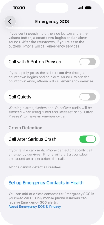 Press Set up Emergency Contacts in Health and follow the instructions on the screen to key in your emergency info and emergency contacts.