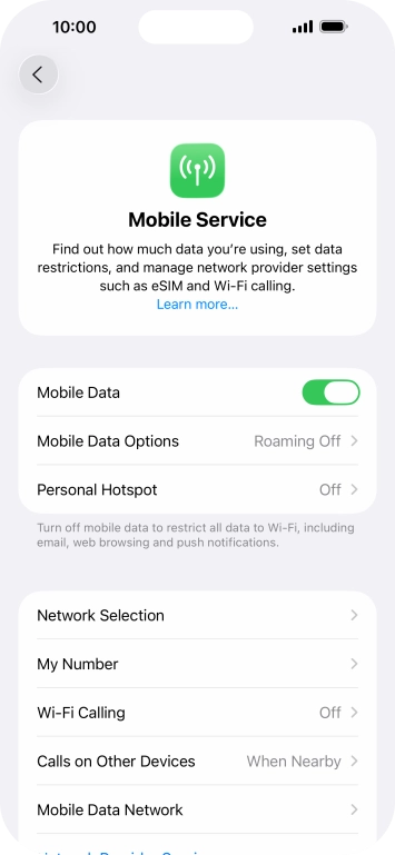 Press the indicator next to 'Mobile Data' to turn the function on or off.