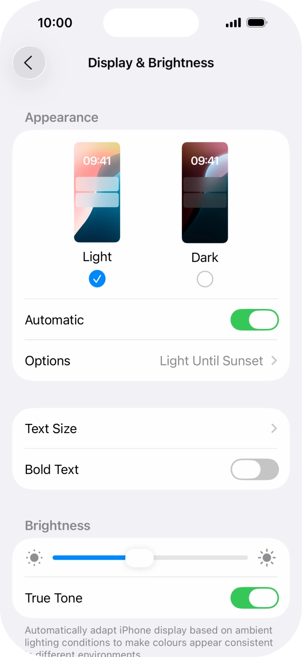 If you turn on the function, press Options and follow the instructions on the screen to select the required period of time for Dark Mode. If you turn on the function, press Options and follow the instructions on the screen to select the required period of time for Dark Mode.