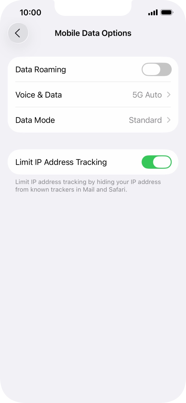 Press the indicator next to 'Data Roaming' to turn the function on or off.