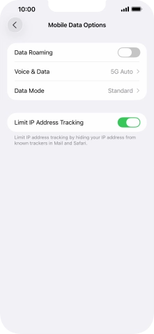 Press the indicator next to 'Data Roaming' to turn the function on or off.