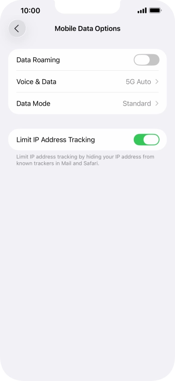 Press the indicator next to 'Data Roaming' to turn the function on or off.