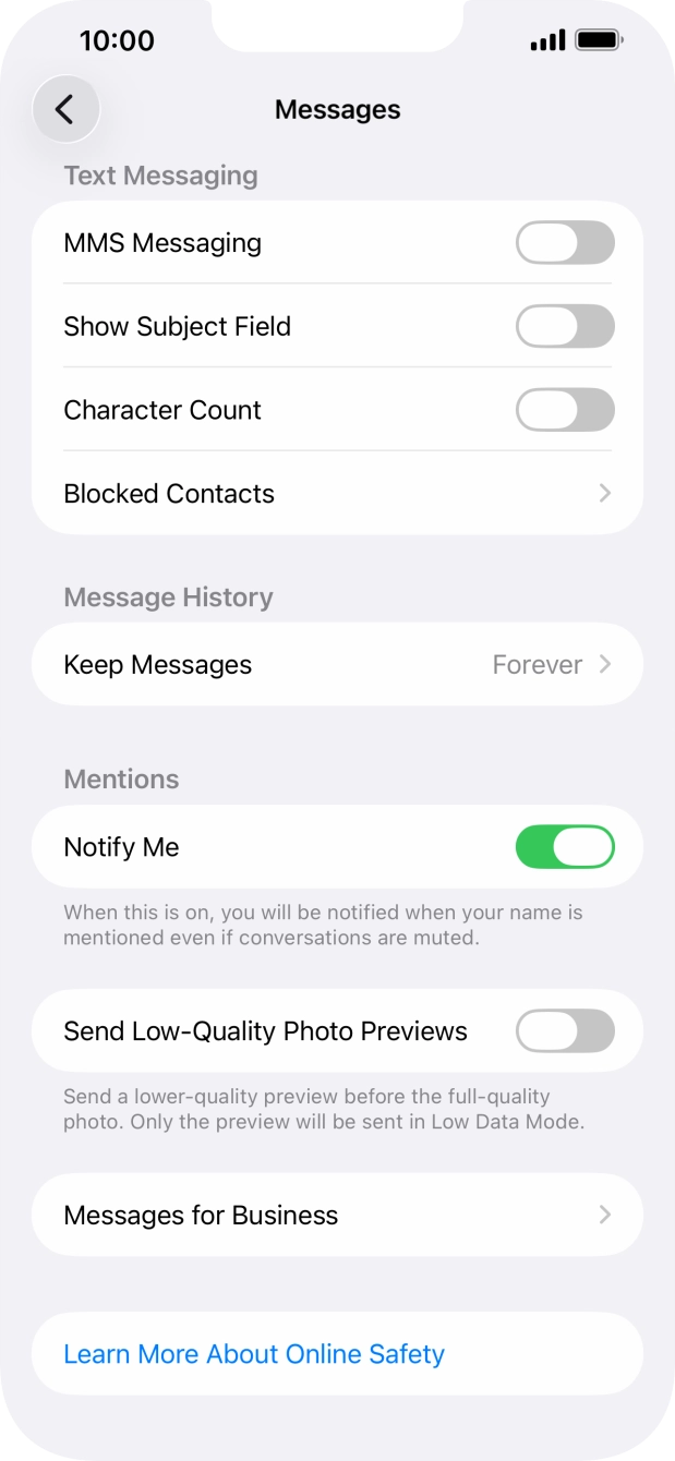 Press the indicator next to 'MMS Messaging' to turn on the function. Press the indicator next to 'MMS Messaging' to turn on the function.