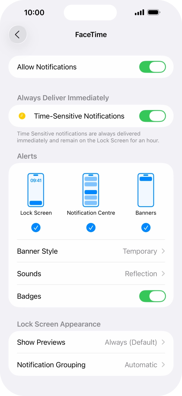 Press the indicator next to 'Allow Notifications' to turn notifications for the selected application on or off. Press the indicator next to 'Allow Notifications' to turn notifications for the selected application on or off.