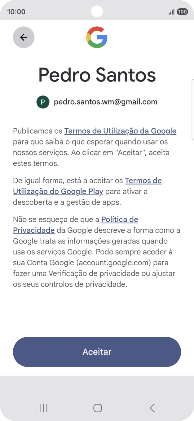 Prima Aceitar e siga as indicações no ecrã para escolher as definições da conta Google.