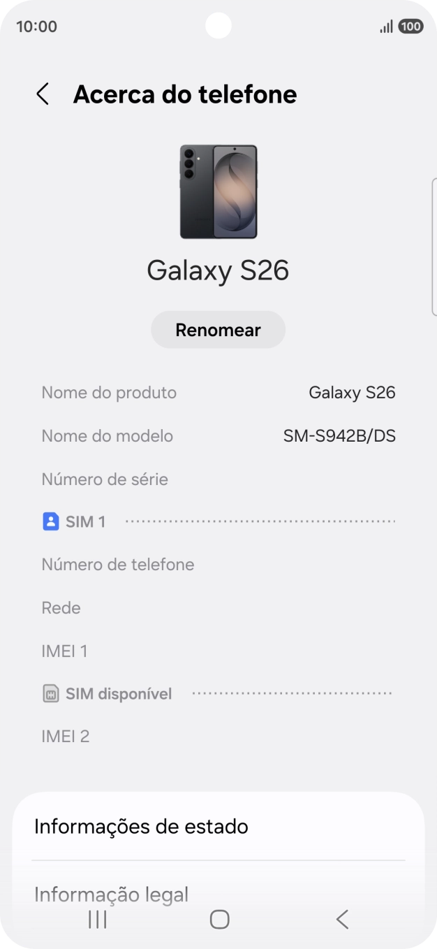 O código IMEI é mostrado no ecrã.
