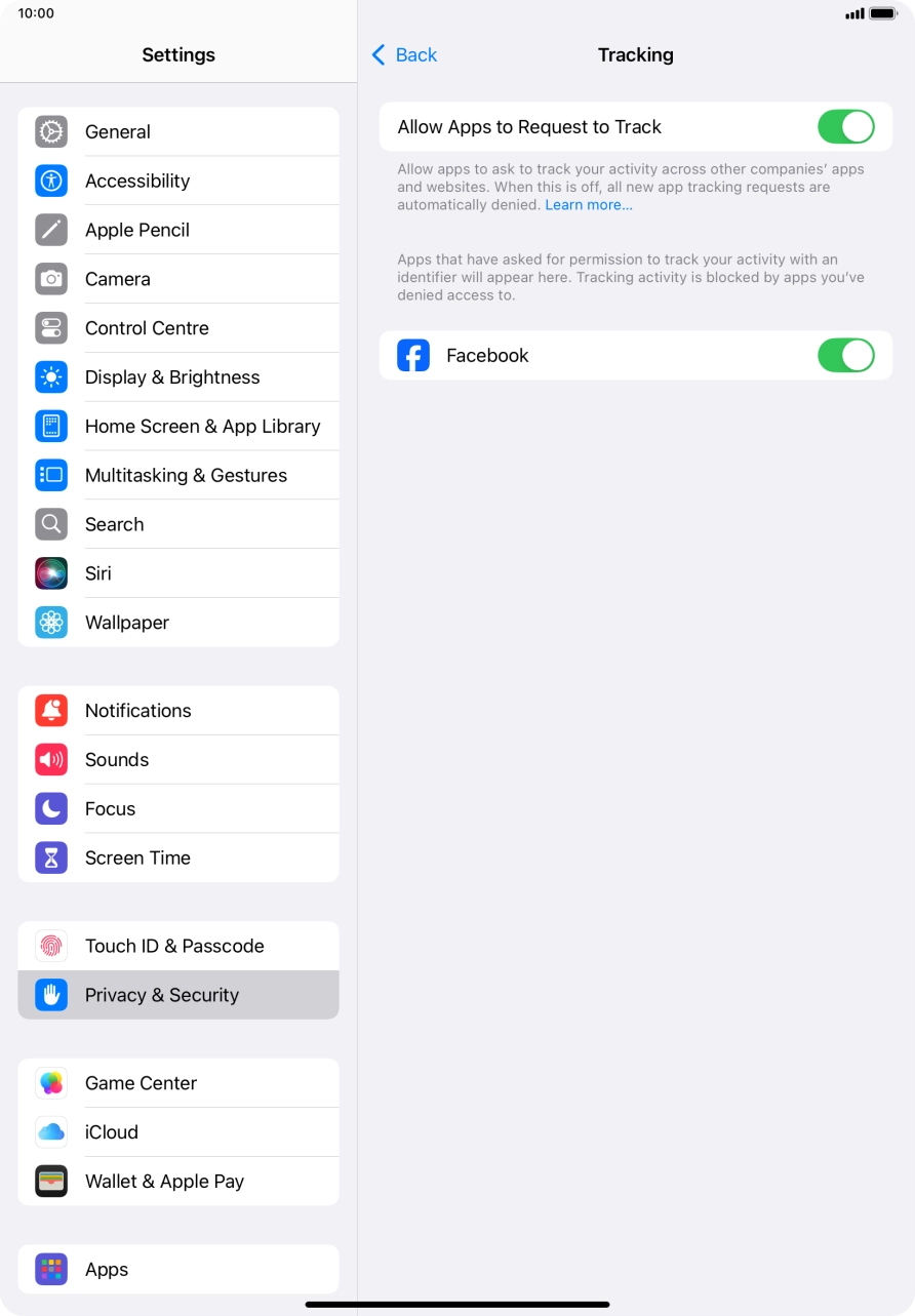 Press the indicator next to 'Allow Apps to Request to Track' to turn the function on or off.