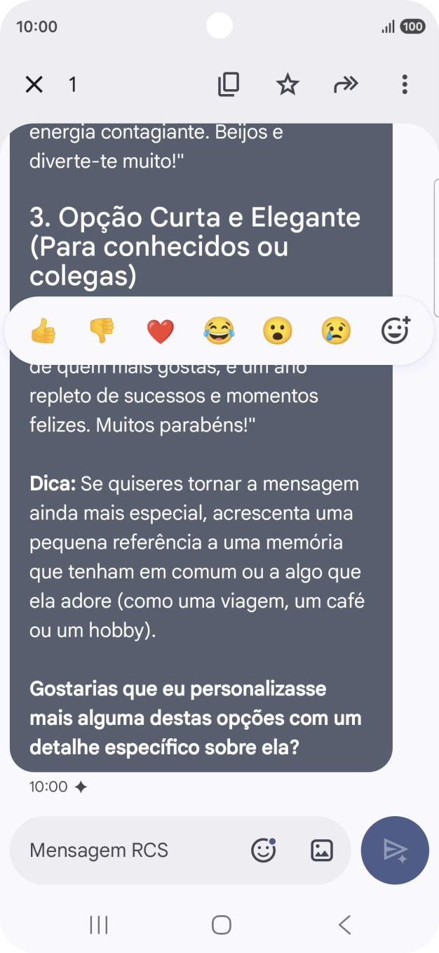 Mantenha premida por um momento a sugestão de texto da Gemini. Siga as indicações no ecrã  para utilizar a sugestão de texto.