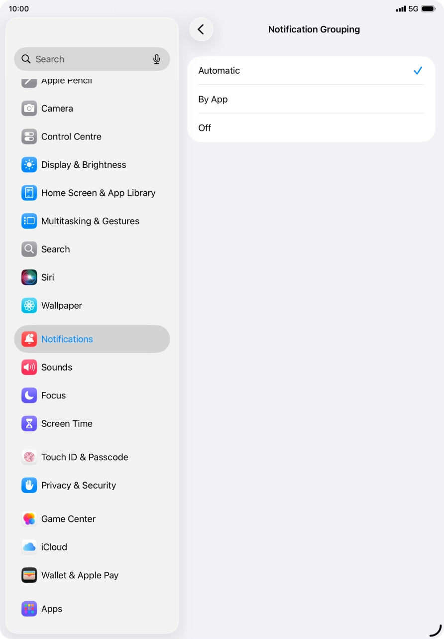 Press the required setting.