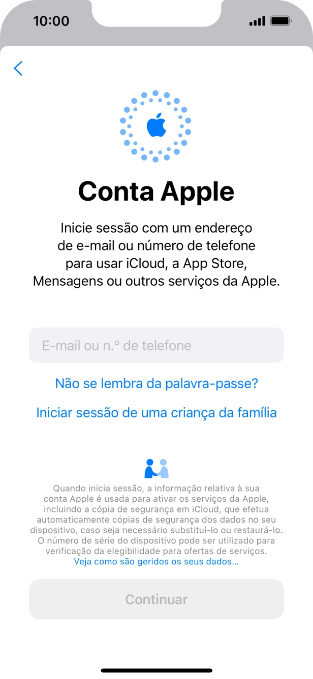 Prima E-mail ou n.º de telefone e introduza o nome de utilizador do seu ID Apple.