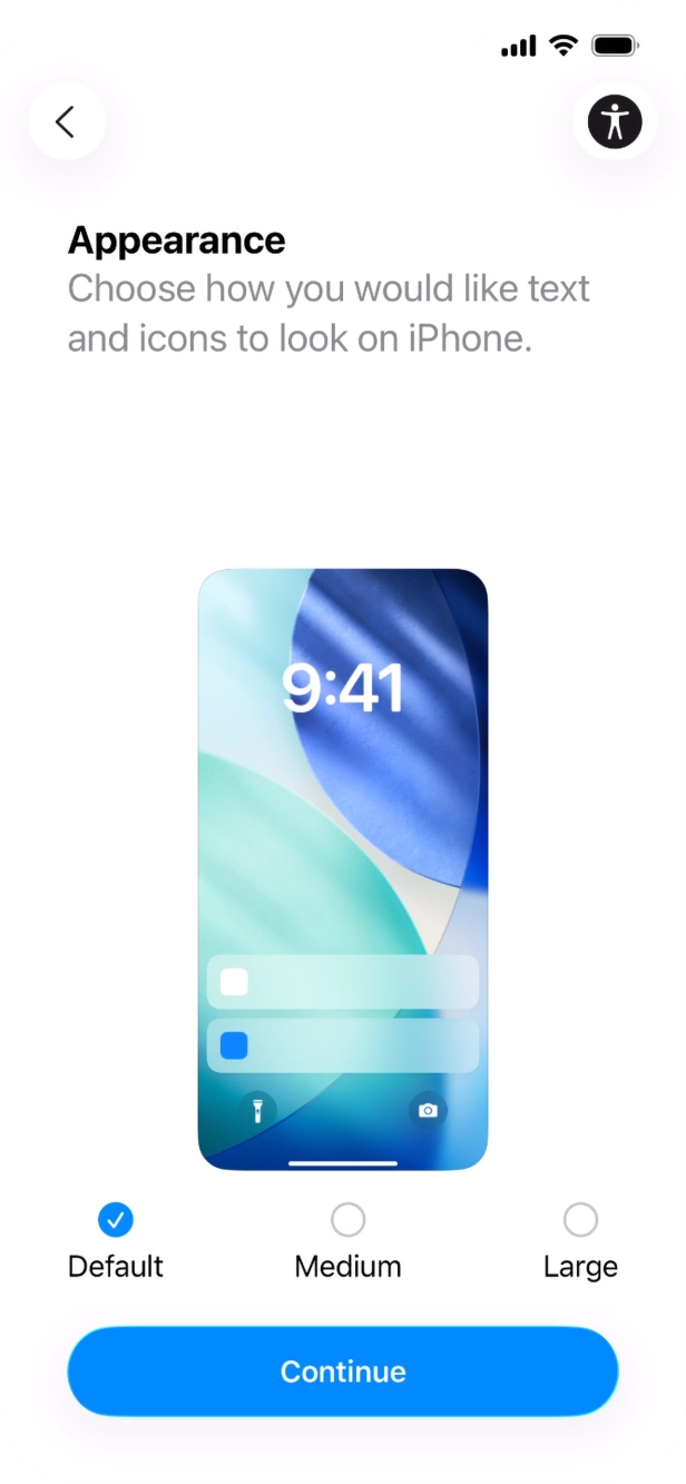 Select the required text and icon size on your phone and press Continue.
