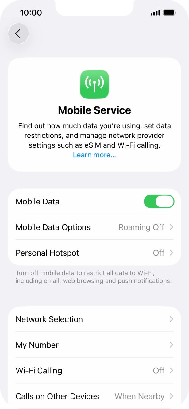 Press the indicator next to 'Mobile Data' to turn the function on or off.