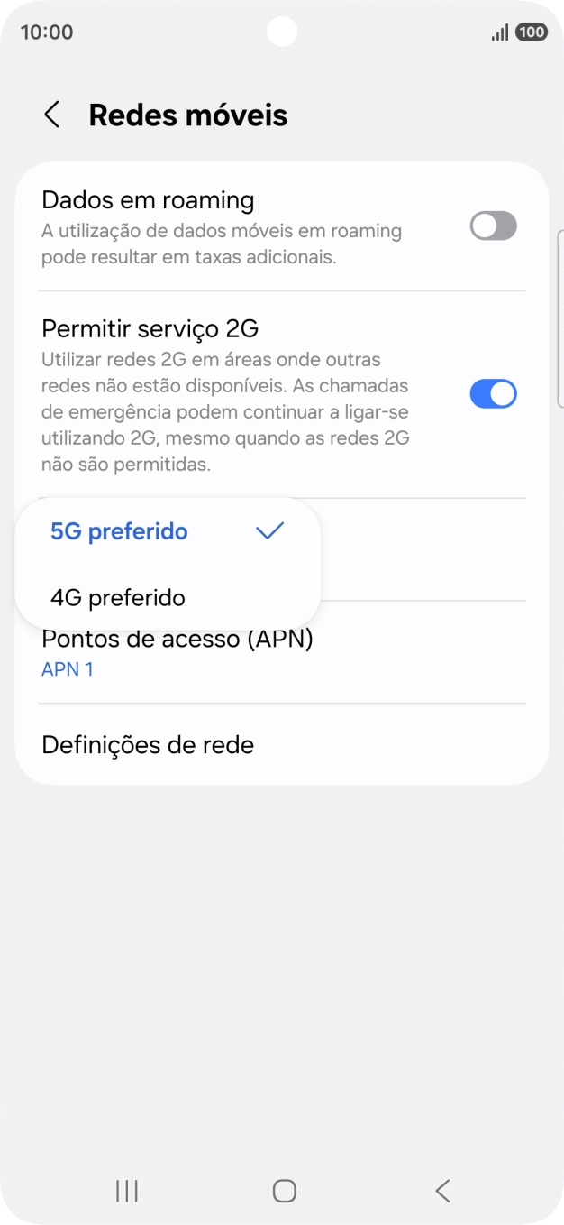 Prima o tipo de rede pretendido.
