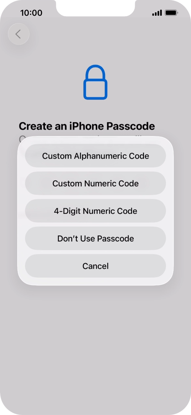 Follow the instructions on the screen to turn on the lock code or press Don't Use Passcode.