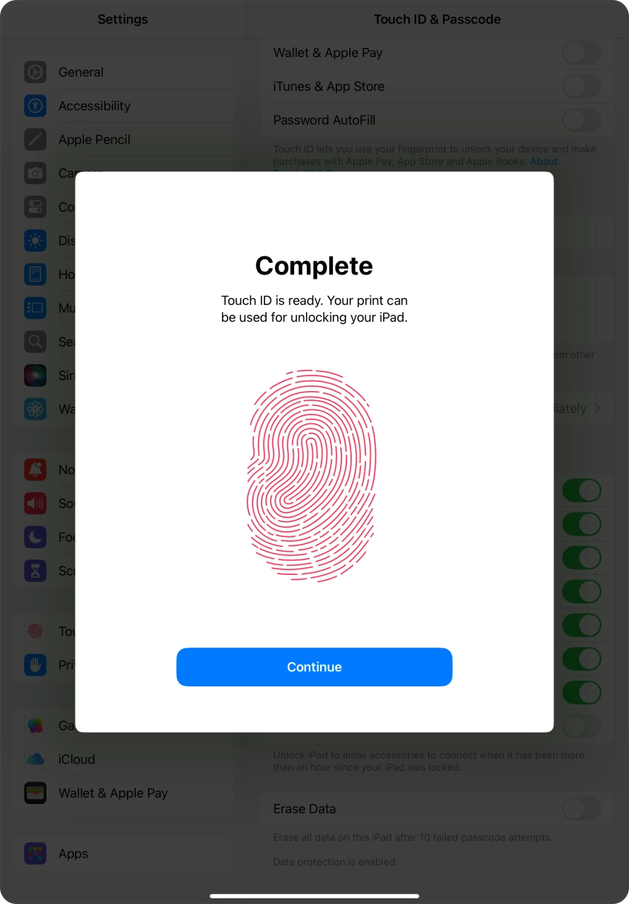 Press Continue. If you haven't previously selected a lock code, key in a code of your own choice twice.