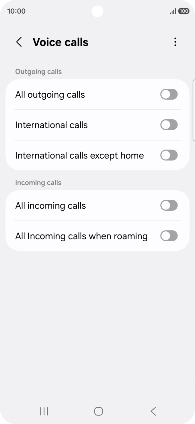 Press the indicator next to the required barring type to turn the function on or off.