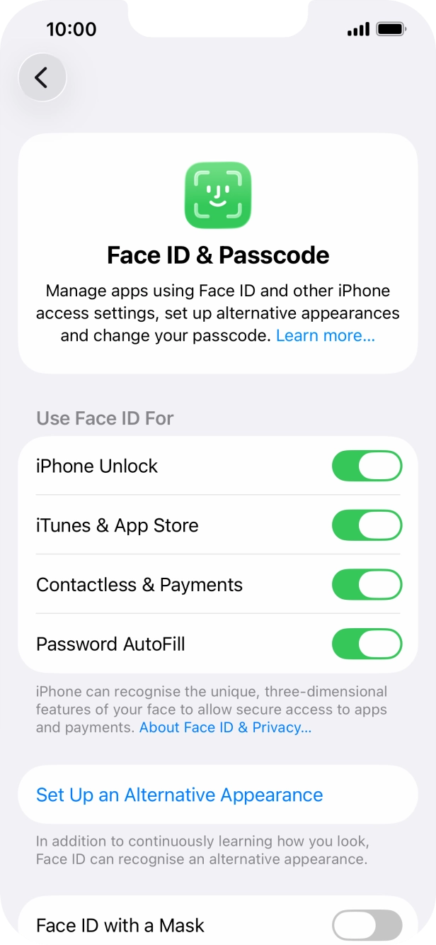 Press the indicators next to the required settings to turn them on or off.