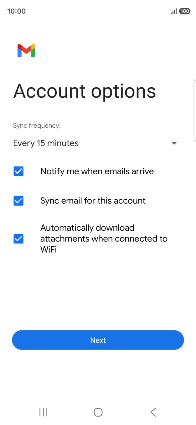 If this screen is displayed, your email account has been recognised and set up automatically. Follow the instructions on the screen to key in more information and finish setting up your phone.