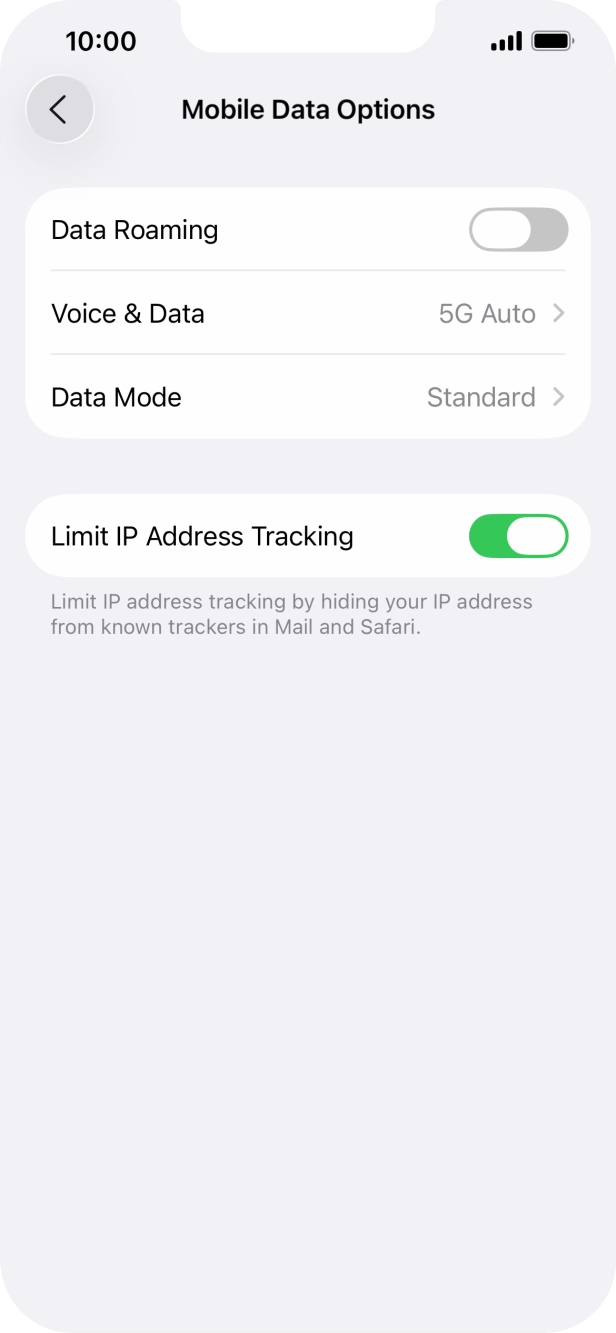Press the indicator next to 'Data Roaming' to turn the function on or off.