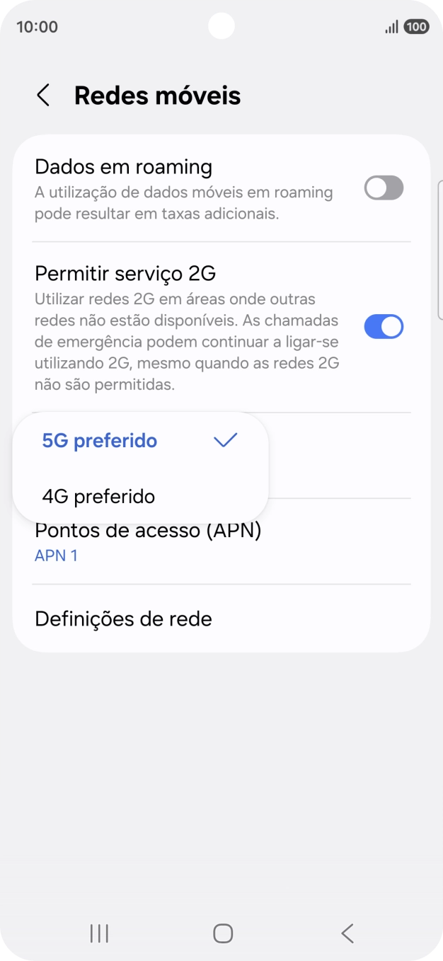Prima o tipo de rede pretendido.