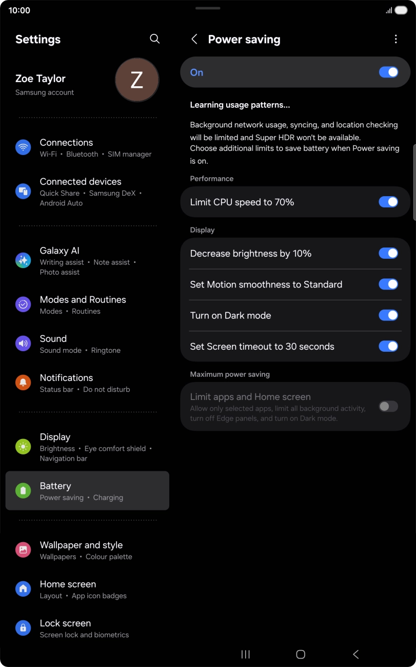 Press the indicators next to the required settings to turn the functions on or off.