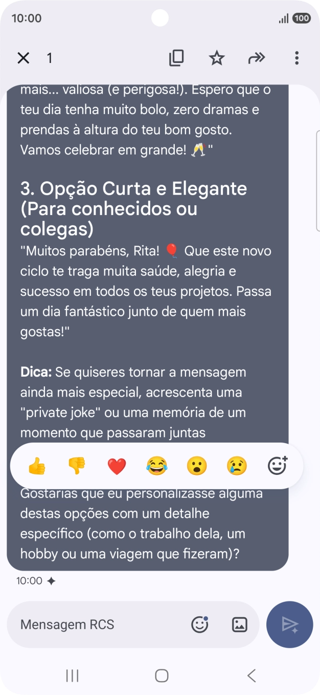 Mantenha premida por um momento a sugestão de texto da Gemini. Siga as indicações no ecrã  para utilizar a sugestão de texto.