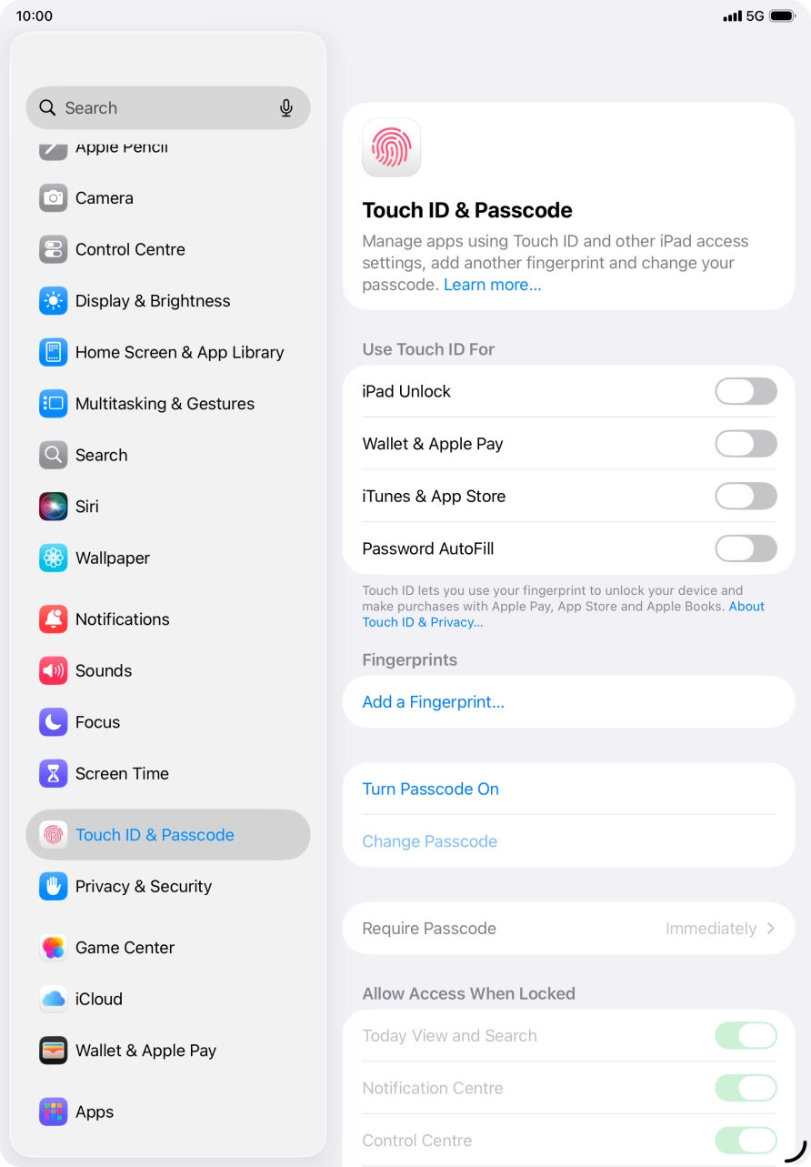 Press Turn Passcode On and key in a lock code of your own choice twice.