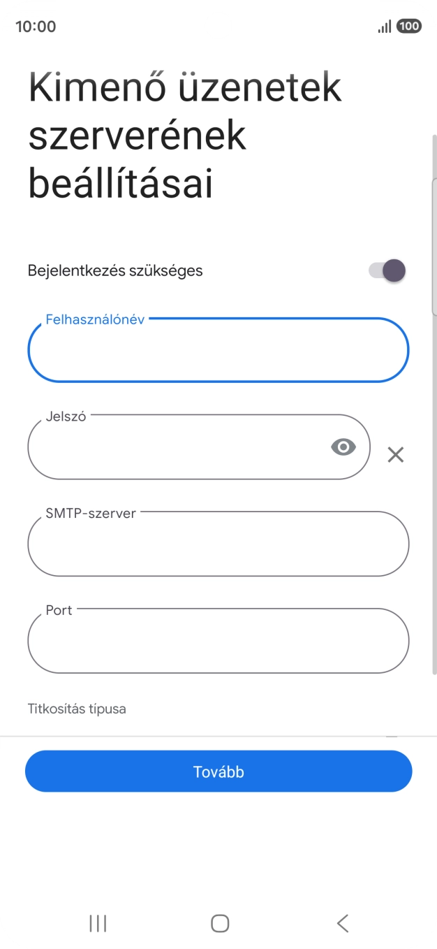 Kattints a „Jelszó” alatti mezőre, és írd be az e-mail szolgáltatód kimenő szerverének jelszavát.