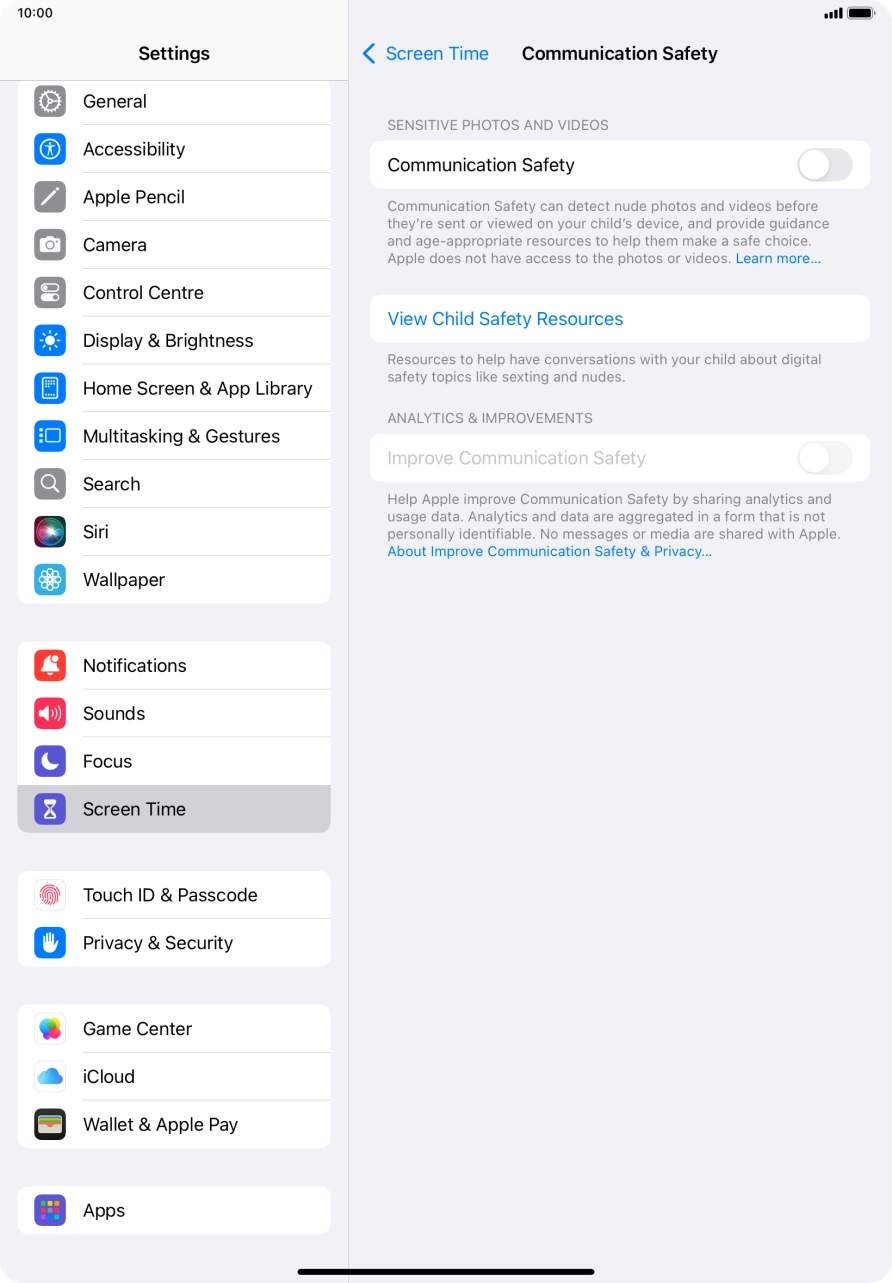 Press the indicator next to 'Communication Safety' to turn the function on or off.
