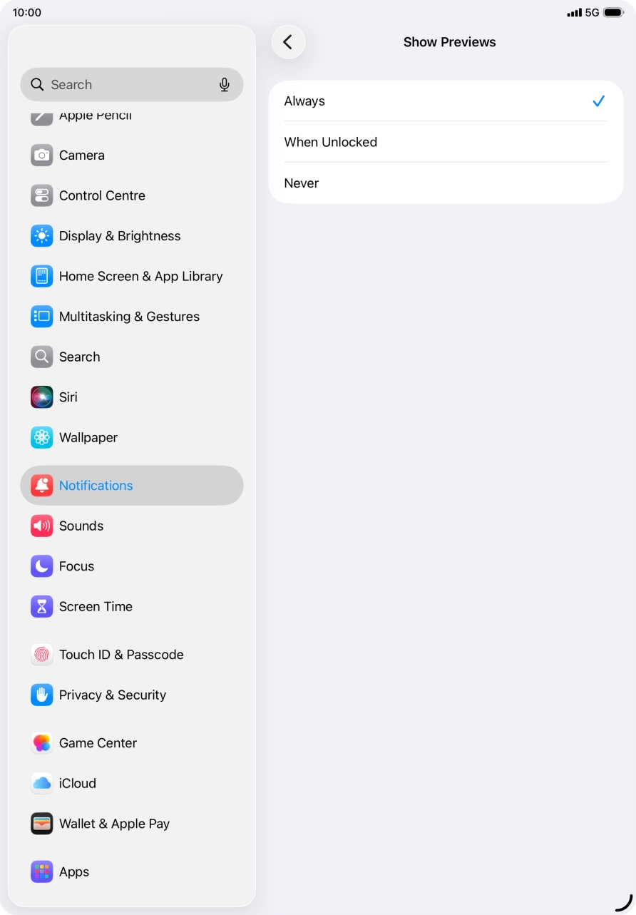 To select push notification preview on the lock screen, press Always.