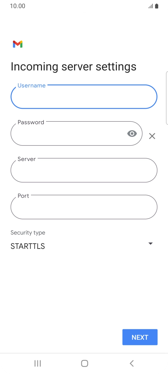 Press the field below 'Server' and key in the name of your email provider's incoming server. Press the field below 'Server' and key in the name of your email provider's incoming server.