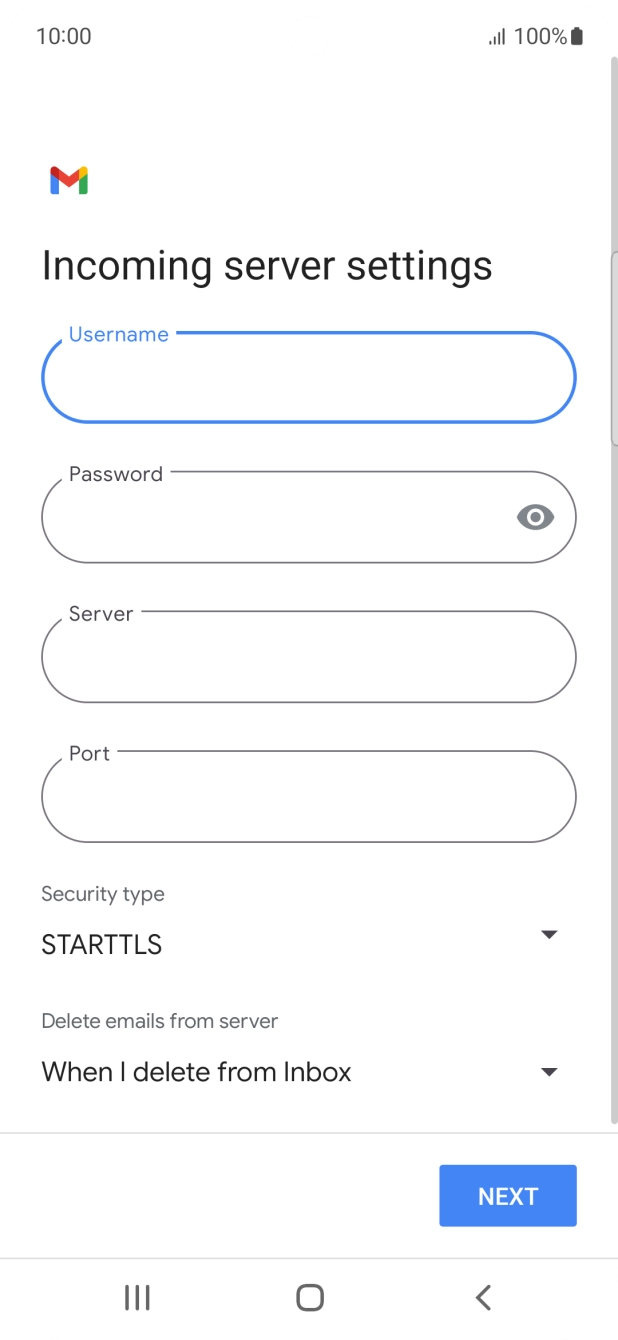 Press the field below 'Server' and key in the name of your email provider's incoming server. Press the field below 'Server' and key in the name of your email provider's incoming server.