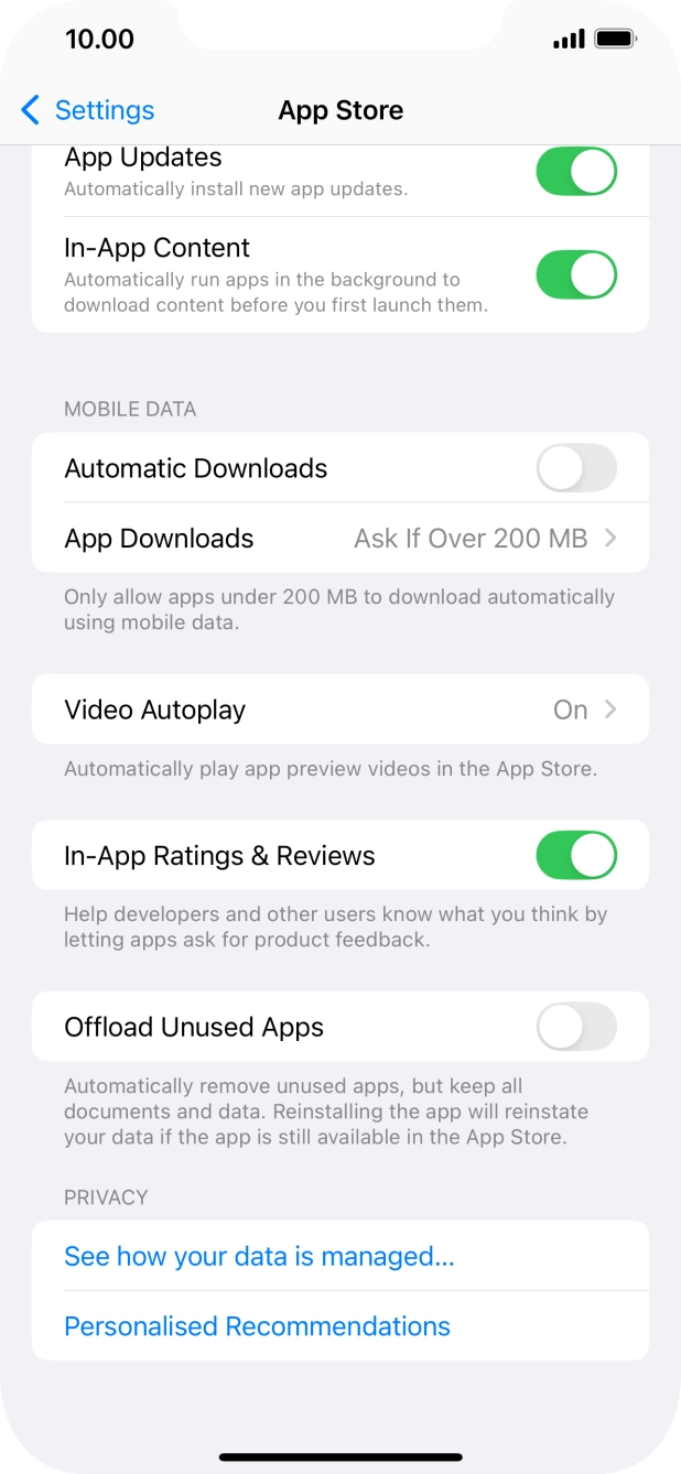 Press the indicator next to 'Offload Unused Apps' to turn the function on or off. Press the indicator next to 'Offload Unused Apps' to turn the function on or off.