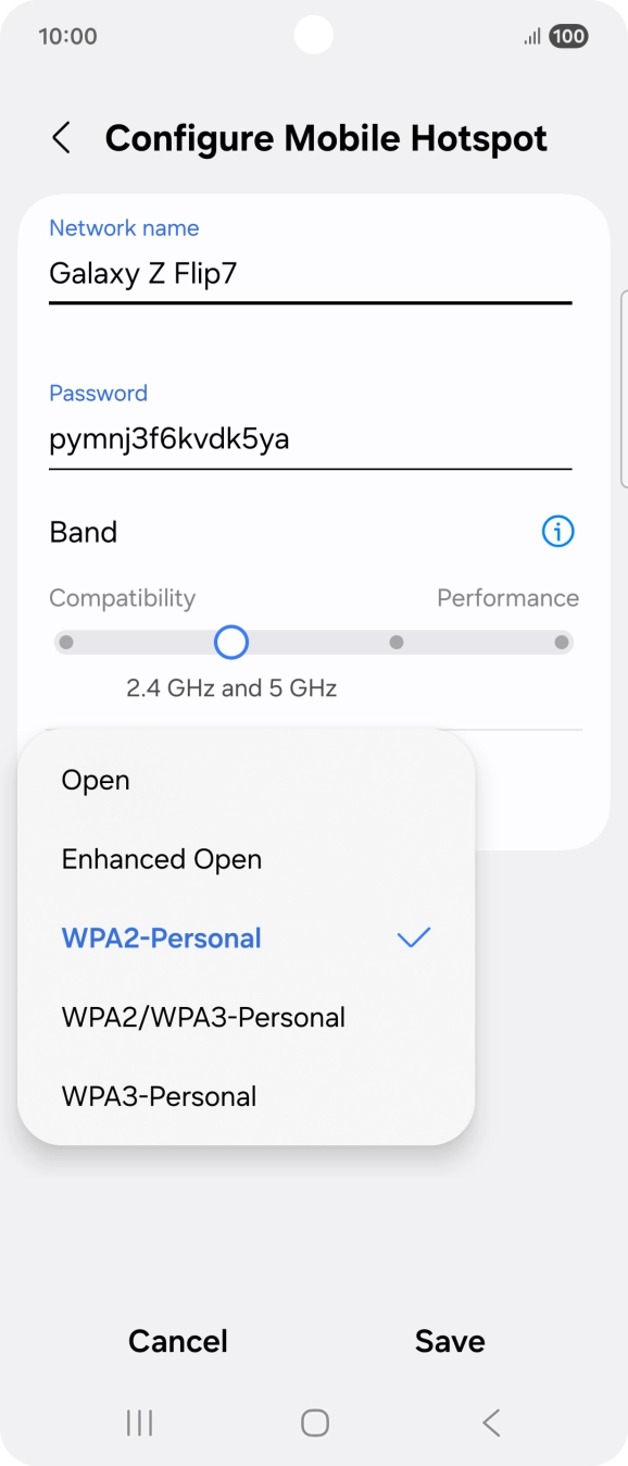 Press WPA3-Personal to password protect your WiFi hotspot. Press WPA3-Personal to password protect your WiFi hotspot.