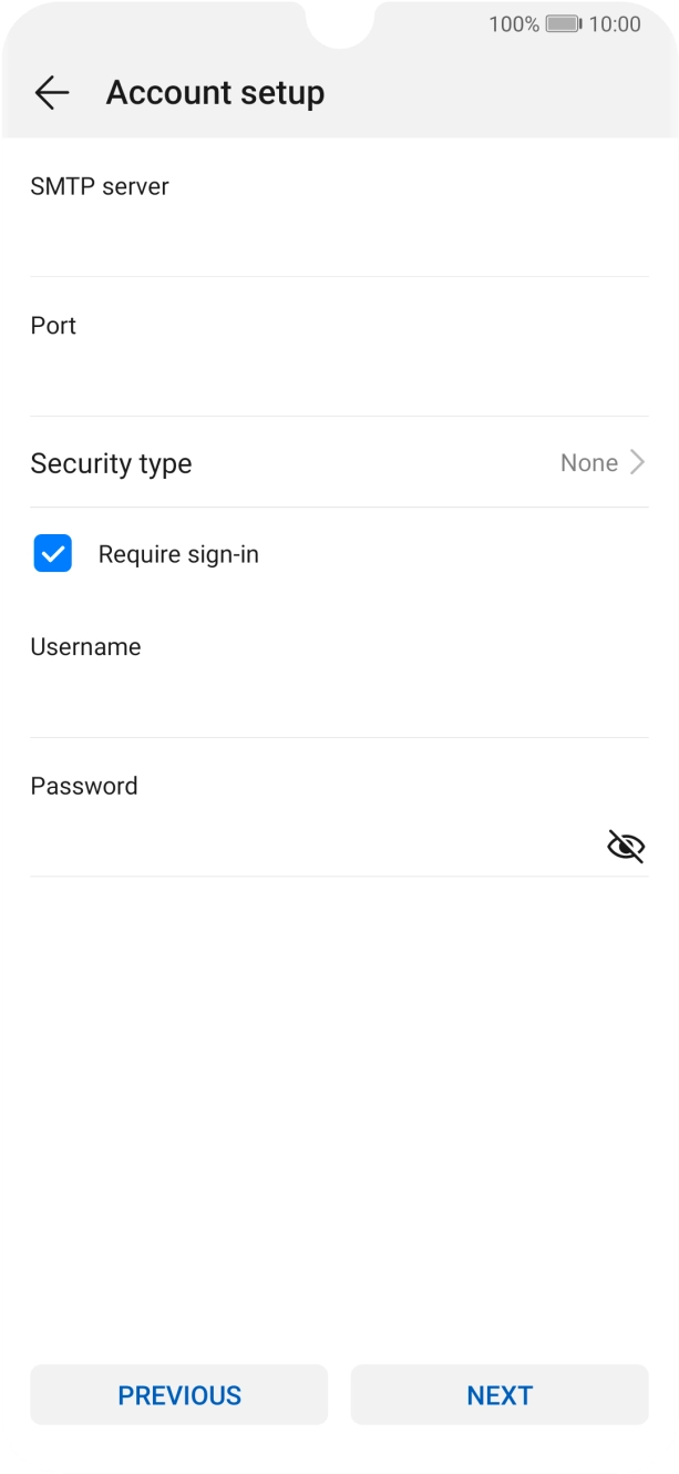 Press the field below 'SMTP server' and key in the name of your email provider's outgoing server. Press the field below 'SMTP server' and key in the name of your email provider's outgoing server.