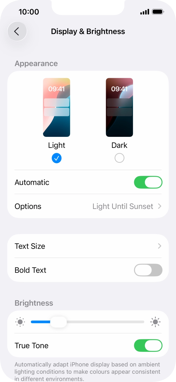 If you turn on the function, press Options and follow the instructions on the screen to select the required period of time for Dark Mode. If you turn on the function, press Options and follow the instructions on the screen to select the required period of time for Dark Mode.
