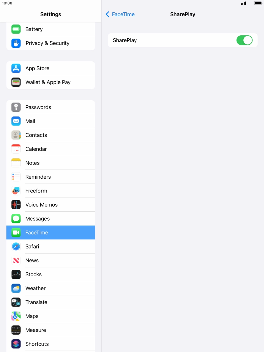 Press the indicator next to 'SharePlay' to turn the function on or off. Press the indicator next to 'SharePlay' to turn the function on or off.