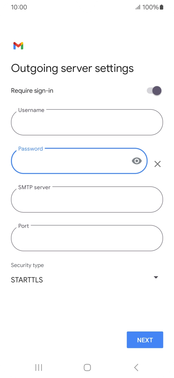 Press the field below 'SMTP server' and key in the name of your email provider's outgoing server. Press the field below 'SMTP server' and key in the name of your email provider's outgoing server.