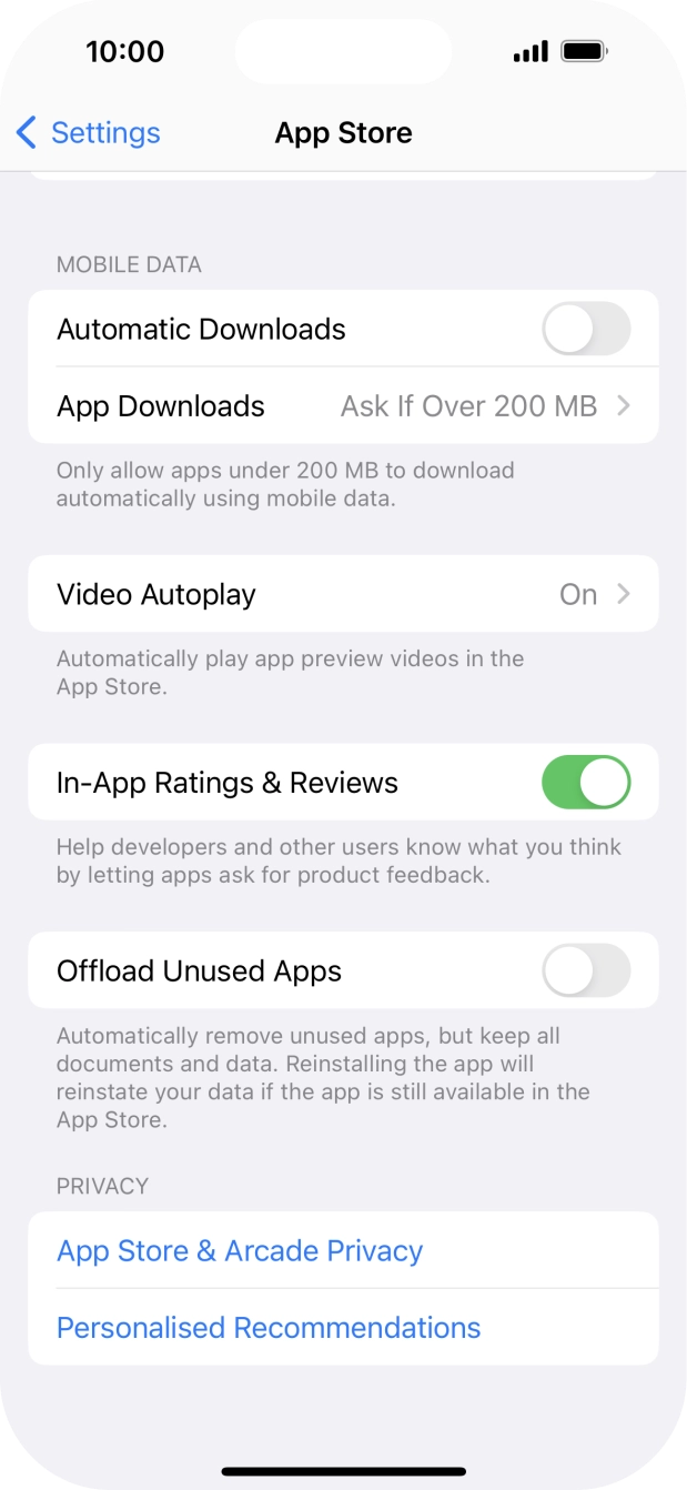Press the indicator next to 'Offload Unused Apps' to turn the function on or off. Press the indicator next to 'Offload Unused Apps' to turn the function on or off.