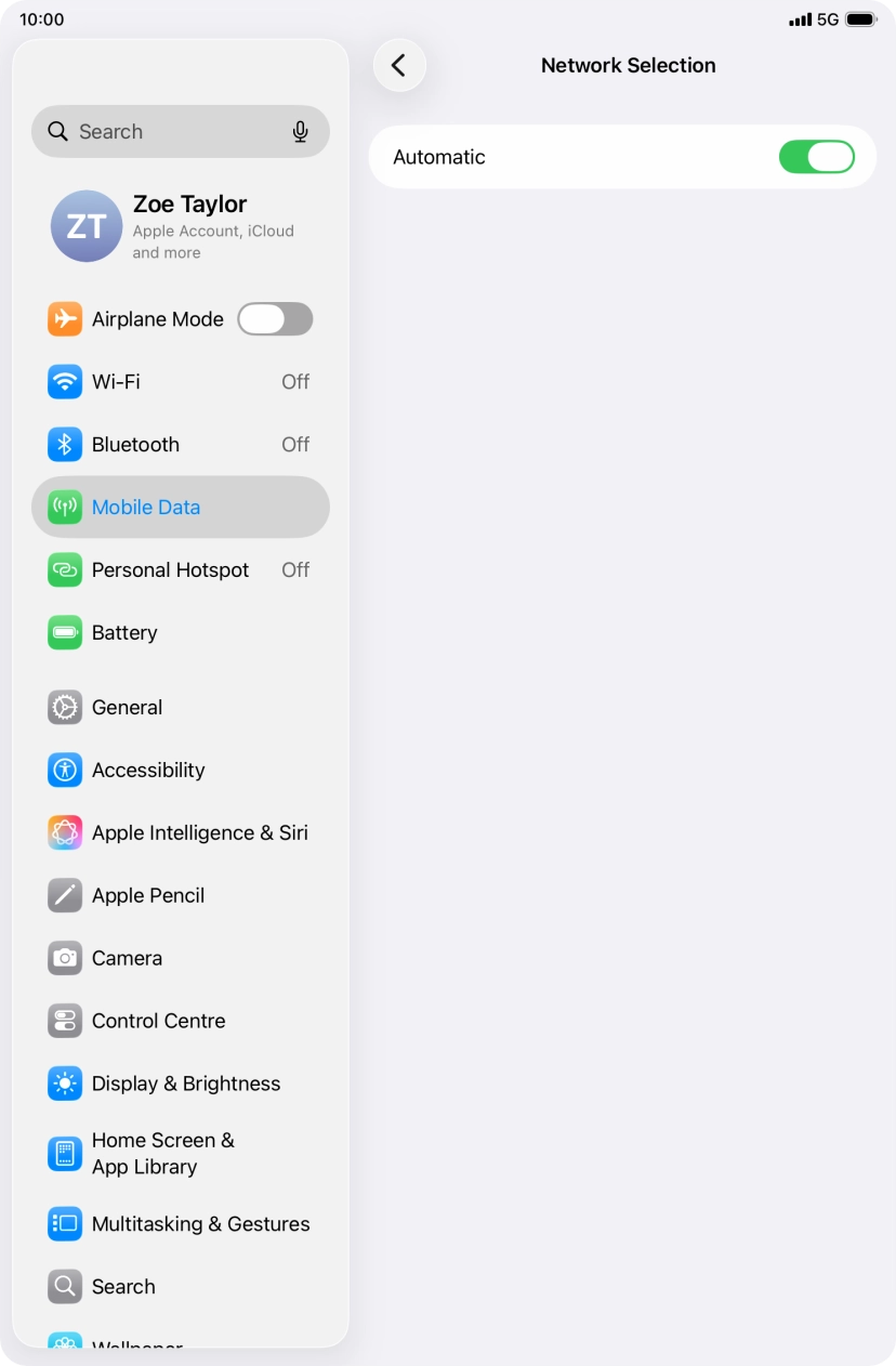 Press the indicator next to 'Automatic' to turn automatic network selection on or off. Press the indicator next to 'Automatic' to turn automatic network selection on or off.