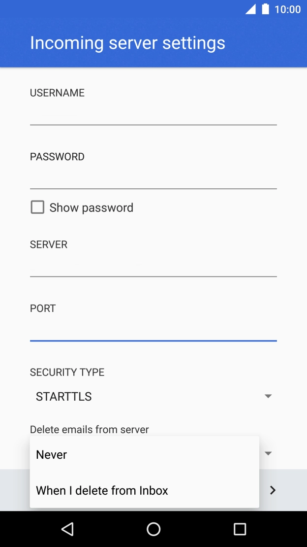 Press Never to keep emails on the server when you delete them on your phone.